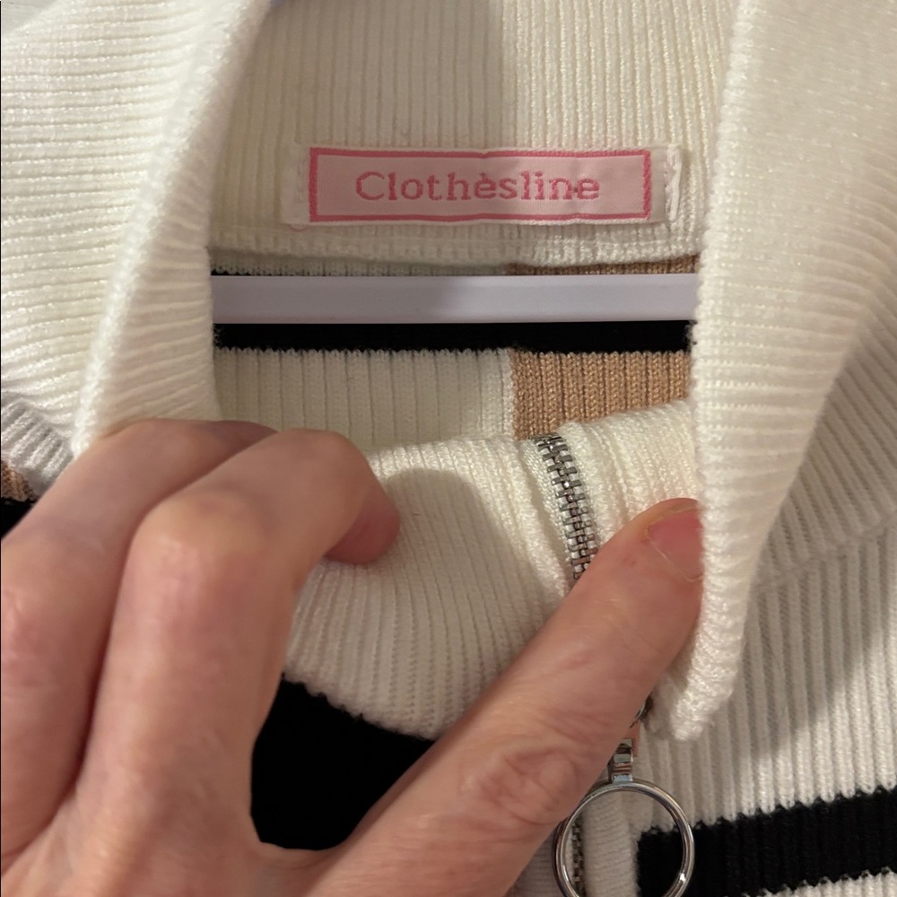 Clothesline Black White Tan Color Block Sleeveless Knit Top with Zipper Frint - Picture 4 of 9